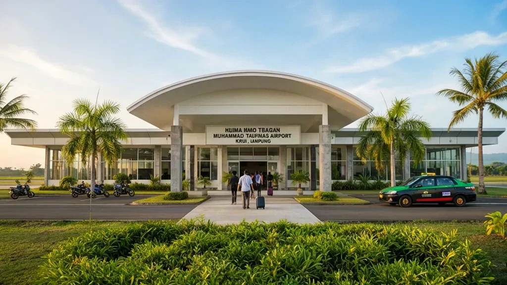 Vista exterior de la terminal del aeropuerto Muhammad Taufiq Kiemas en Krui, Lampung, con viajeros y vegetación tropical