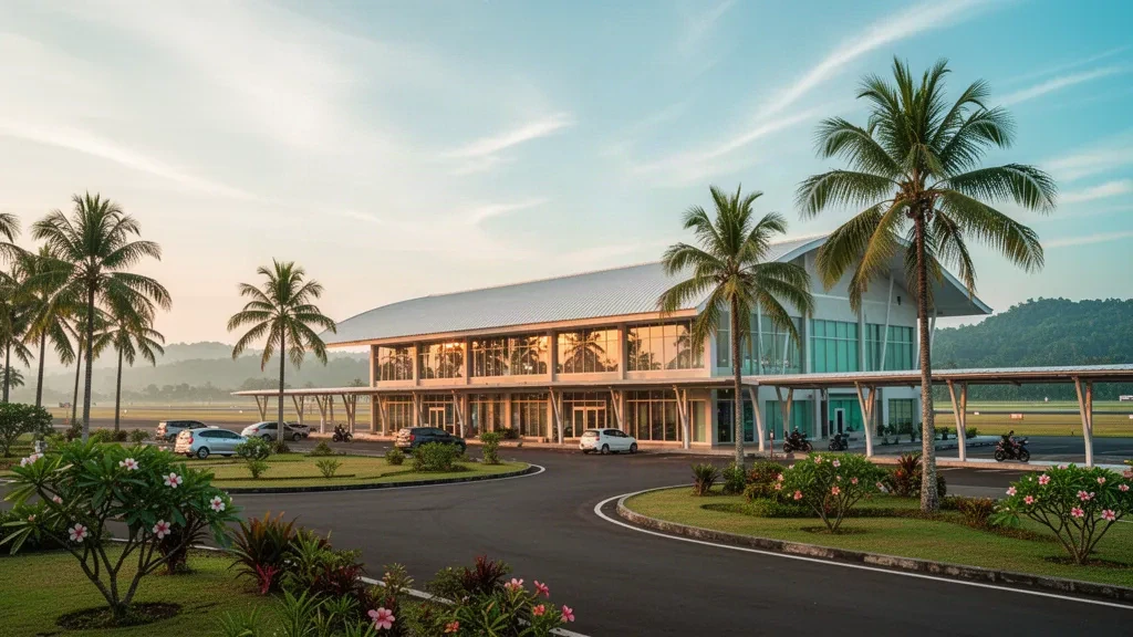 Terminal tropical de l'aéroport Muhammad Taufiq Kiemas près de Krui, Lampung, avec une voie de dépose bordée de palmiers dans une lumière dorée d'après-midi