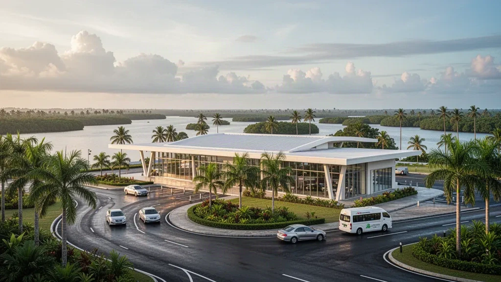 Extérieur tropical du terminal et voie de dépose bordée de palmiers à l'aéroport de Tanjung Manis dans le Sarawak, en Malaisie, sous une lumière dorée d'après-midi