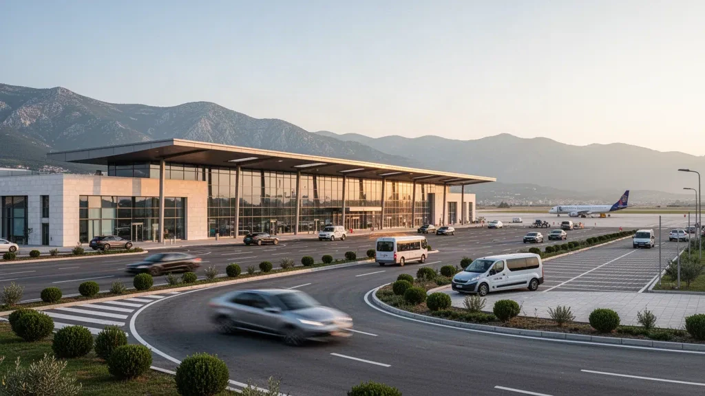 Terminal moderne en verre et parvis de l'aéroport de Podgorica au Monténégro, avec route d'accès, tarmac et montagnes brumeuses dans une lumière dorée