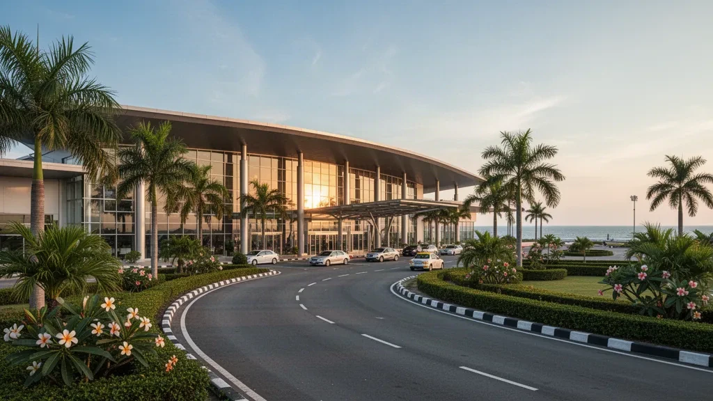Terminal moderna de cristal y carriles de acceso bordeados de palmeras en el aeropuerto Sultan Mahmud de Kuala Terengganu, Malasia, a la hora dorada