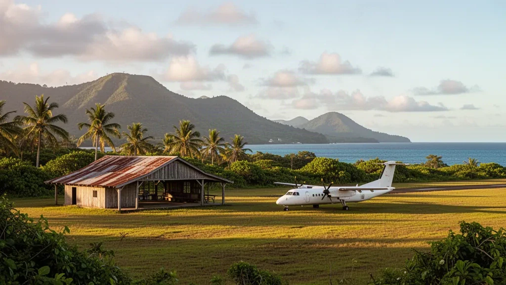 Vue à l'heure dorée de la piste d'atterrissage de l'île de Tongoa au Vanuatu, avec une piste en herbe, des palmiers tropicaux, des collines volcaniques verdoyantes et un petit avion de ligne
