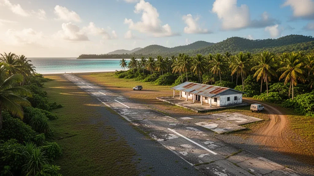 Remote tropical island airport runway with palm forest and a small terminal building on Tagula Island, Papua New Guinea