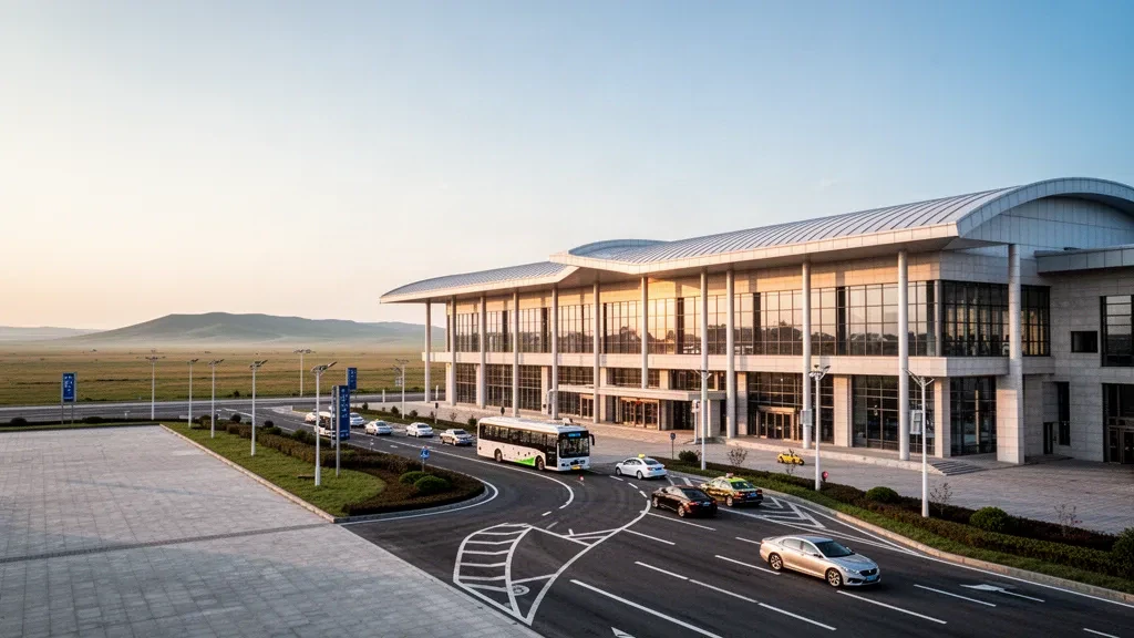Modern terminal exterior at Tongliao Airport in Inner Mongolia with glass facade, drop-off lanes and golden-hour grassland horizon