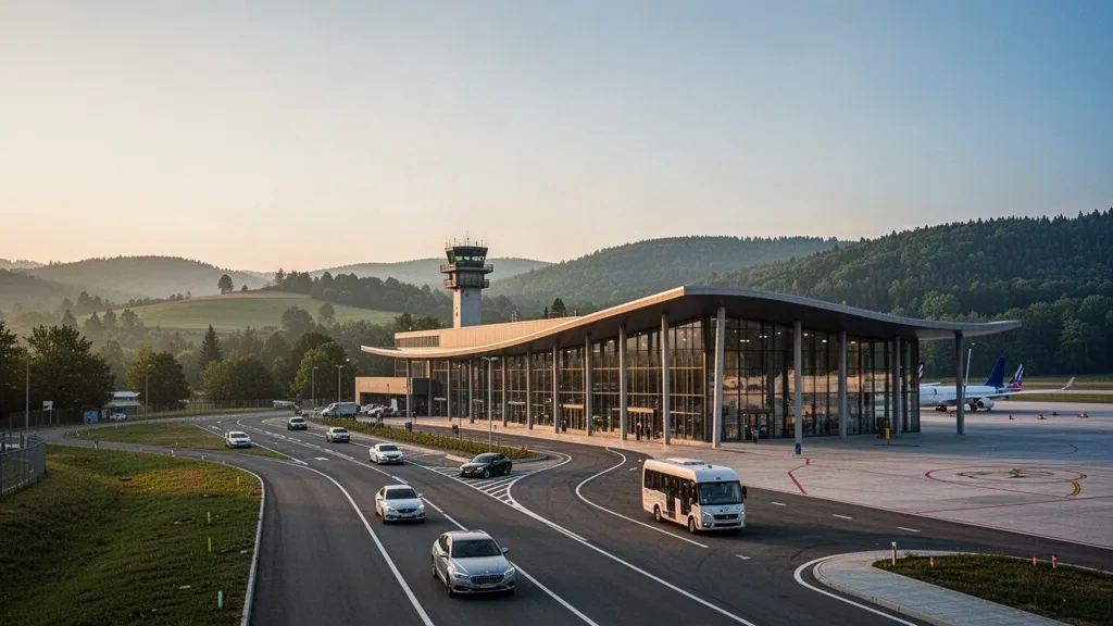 Exterior moderno de terminal de cristal y carriles de descenso en el Aeropuerto Internacional Târgu Mureș Transilvania con luz de hora dorada
