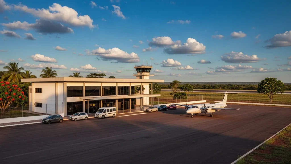 Edificio terminal regional, plataforma y pista en el Aeropuerto de Tangará da Serra en Mato Grosso, Brasil, iluminados por el cálido sol del final de la tarde