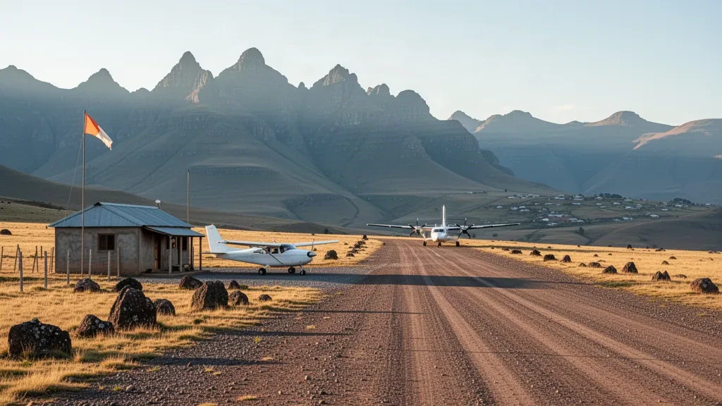 Pista de aterrizaje de montaña en el Aeropuerto de Thaba-Tseka en Lesoto, con una pista de grava, una pequeña terminal y una aeronave ligera bajo la cordillera Maloti.