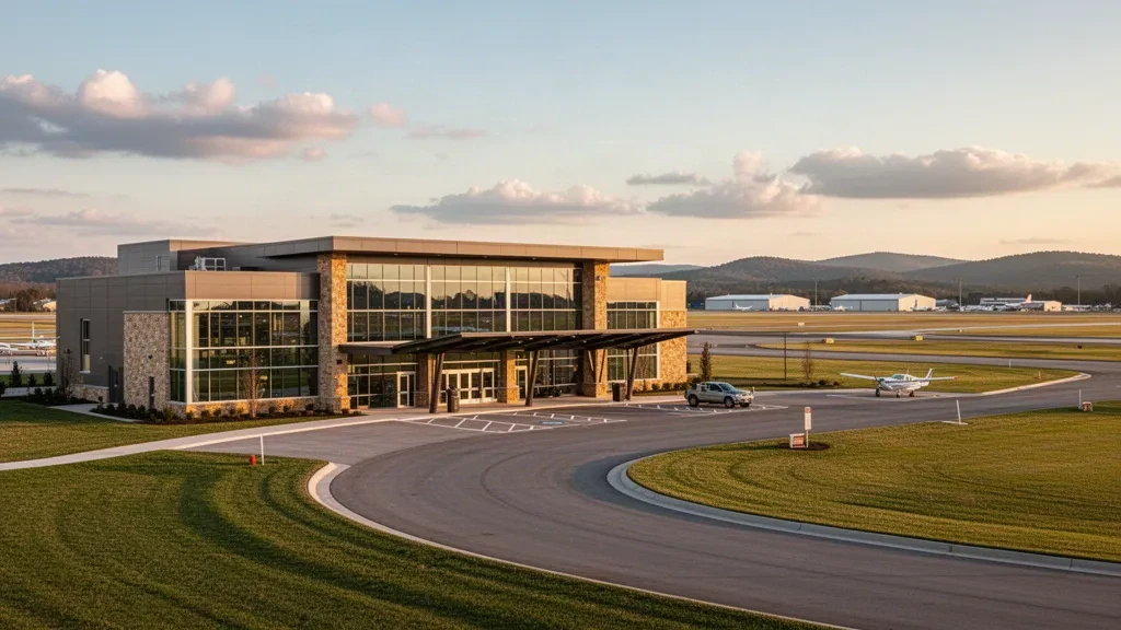 Terminal des Tullahoma Regional Airport und Zufahrtsstraße zur goldenen Stunde, Tennessee.