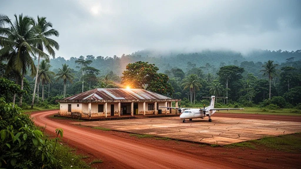 Small rural airstrip at Tchien Airport in Liberia, with a low terminal building, palm trees and a commuter aircraft under humid tropical skies.
