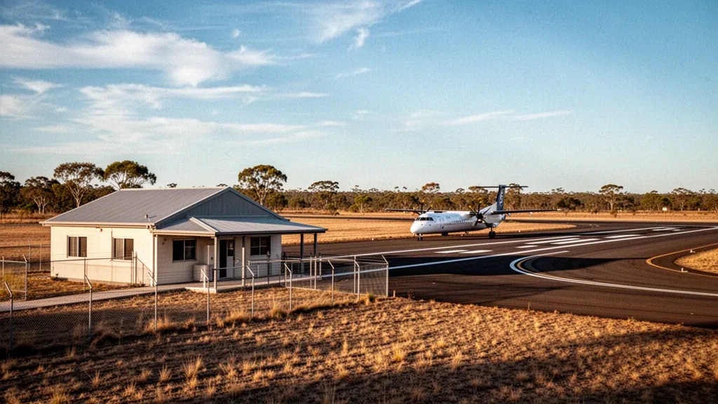 Pequeña terminal de aeropuerto regional y pista en el aeropuerto de Thangool, cerca de Biloela, Queensland, con la cálida luz del final de la tarde