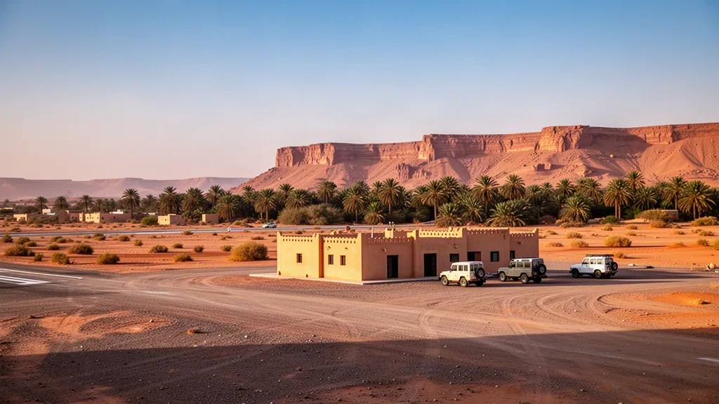 Small desert airstrip serving Tichitt, Mauritania, with a pale single-storey airport building beside a gravel runway at golden hour