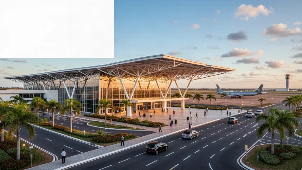 Modern glass terminal and drop-off lanes at Senador Petrônio Portela Airport in Teresina, Brazil, glowing at golden hour.