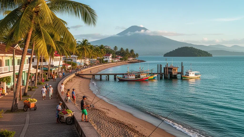 Front de mer du Paseo de los Turistas bordé de palmiers à Puntarenas, Costa Rica, avec des bateaux de pêche sur le golfe de Nicoya à l'heure dorée