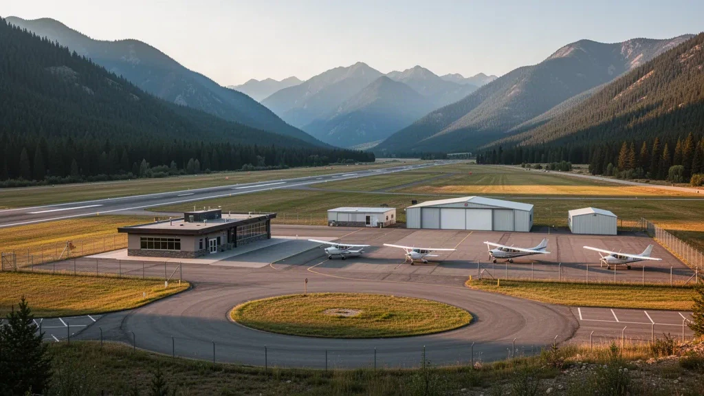 Leichtflugzeug, Hangars und eine einzelne Start- und Landebahn am Thompson Falls Airport in Montana, umrahmt von kiefernbewachsenen Bergen zur goldenen Stunde