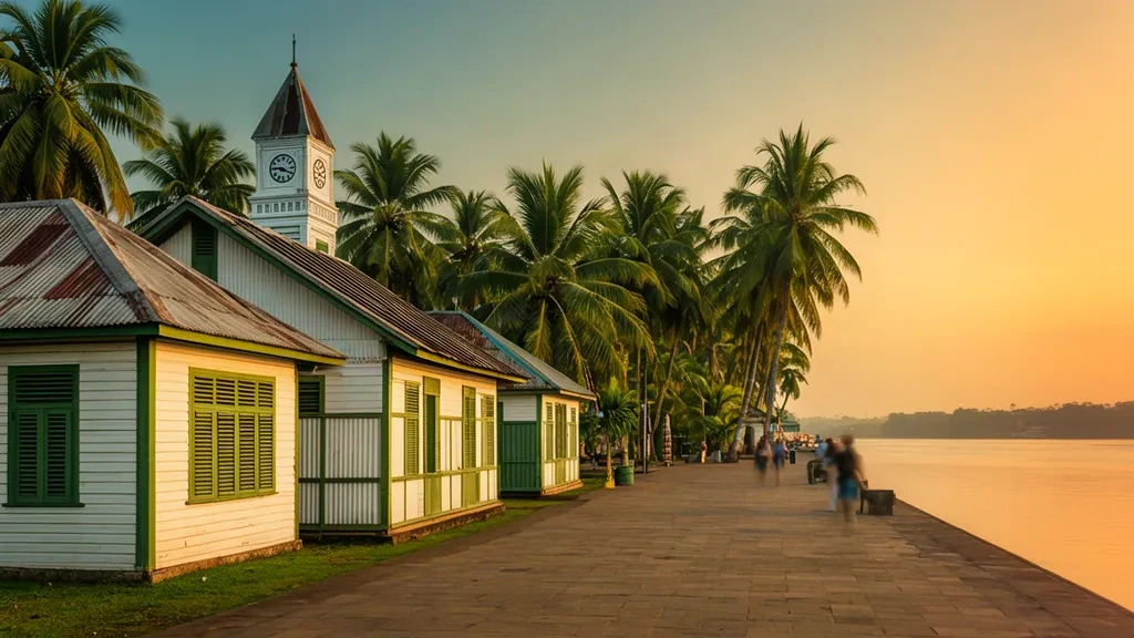 Il lungomare di Georgetown, Guyana, all'ora d'oro con edifici coloniali in legno, palme e viste sul fiume per una landing page di viaggi e mobilità
