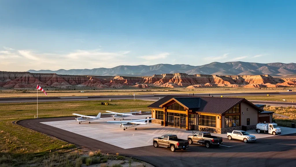 Vista durante la hora dorada de la terminal de aviación general, la plataforma y la pista del aeropuerto de Hot Springs County en Thermopolis, Wyoming.