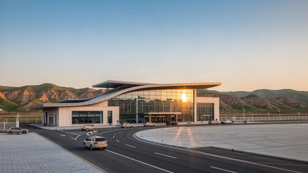 Moderne Glasfassade des Terminals am Flughafen Tianshui Maijishan in Gansu, China, mit Bringspur und Bergkulisse zur goldenen Stunde.
