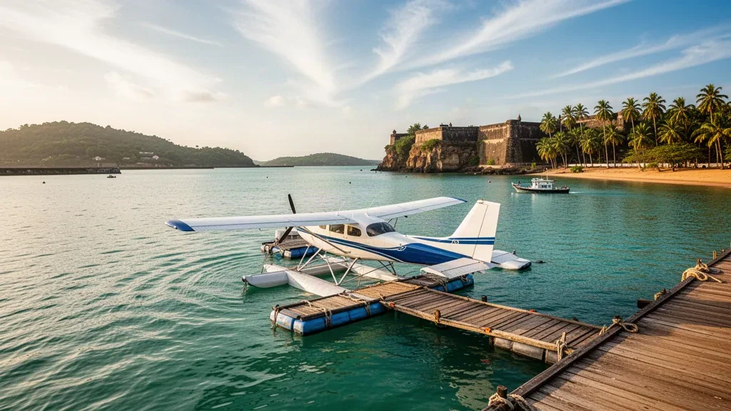 Hydravion blanc amarré au ponton flottant de Trincomalee Harbor Waterdrome au Sri Lanka, eaux turquoise et collines verdoyantes sous une lumière dorée.