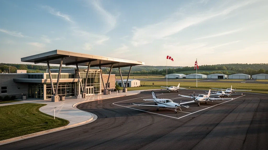 Terminal moderno per l'aviazione generale, piazzale aeromobili e hangar all'aeroporto di York in Pennsylvania con calda luce dorata del tramonto
