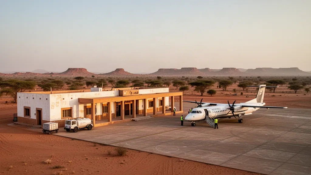 Terminal de faible hauteur et tarmac ensoleillé à l'aéroport de Tahoua au Niger, avec un turbopropulseur stationné et un paysage sahélien aride à l'heure dorée.