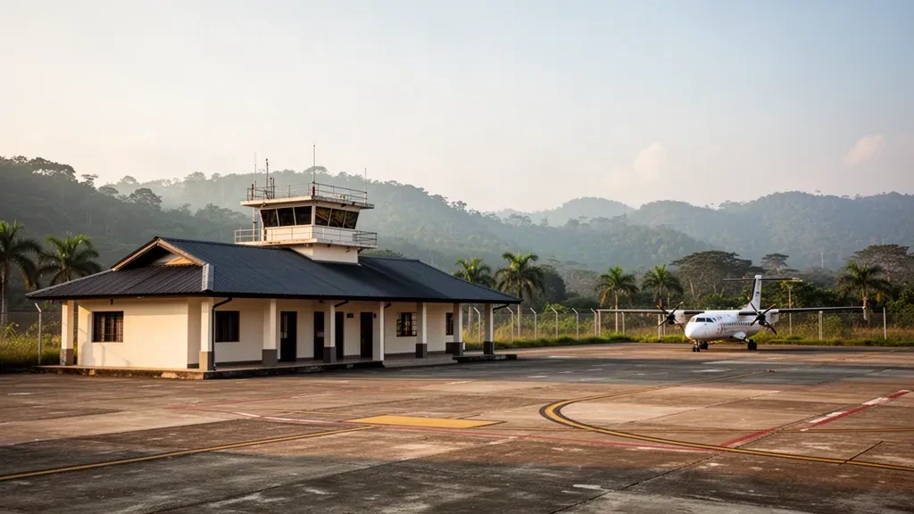 Terminal compatto, piazzale aeromobili e vegetazione tropicale all'aeroporto di Tibú nel Norte de Santander, Colombia, illuminati dalla calda luce dell'ora d'oro