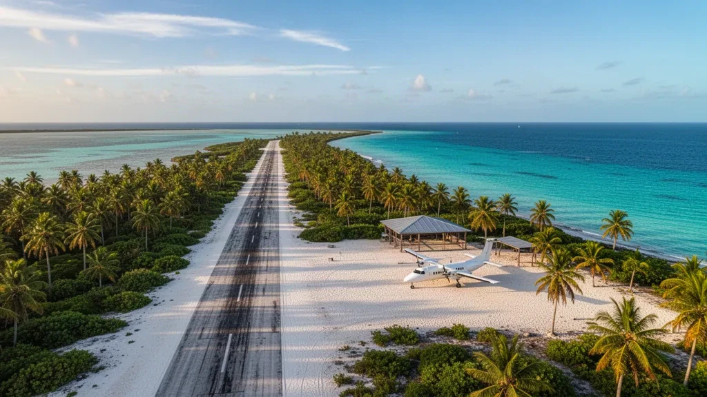 Pista remota de coral del aeropuerto de Tinak en el atolón Arno, islas Marshall, rodeada de palmerales y una laguna turquesa a la hora dorada