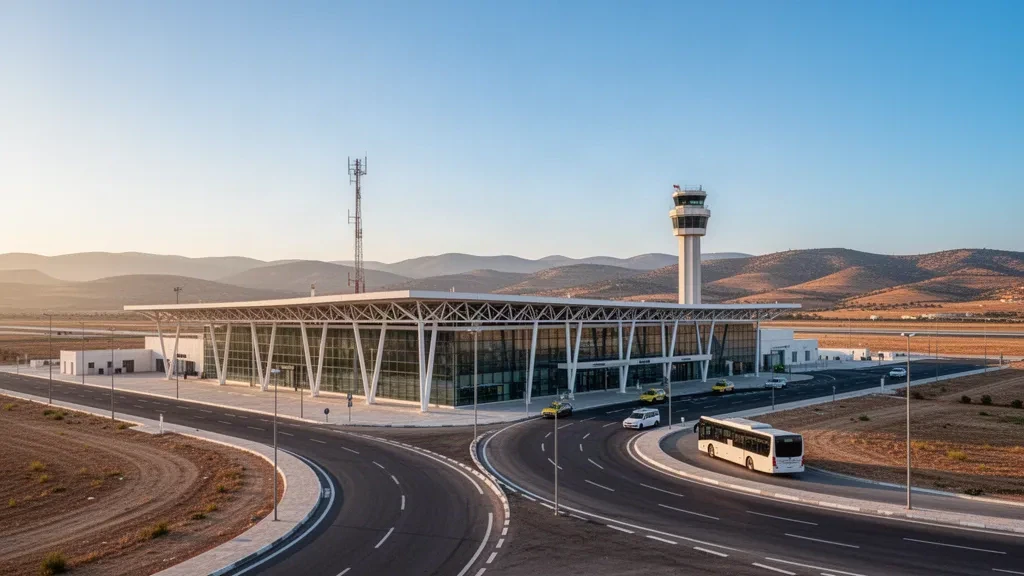 Modern terminal exterior at Abdelhafid Boussouf Bou Chekif Airport in Tiaret, Algeria, with access roads and taxi at golden hour.