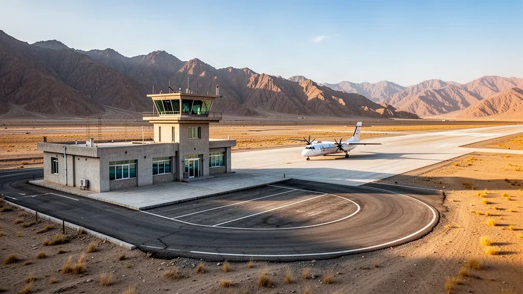 Small terminal building, control tower and runway at Tarinkot Airport in Uruzgan, Afghanistan, framed by arid mountains at golden hour
