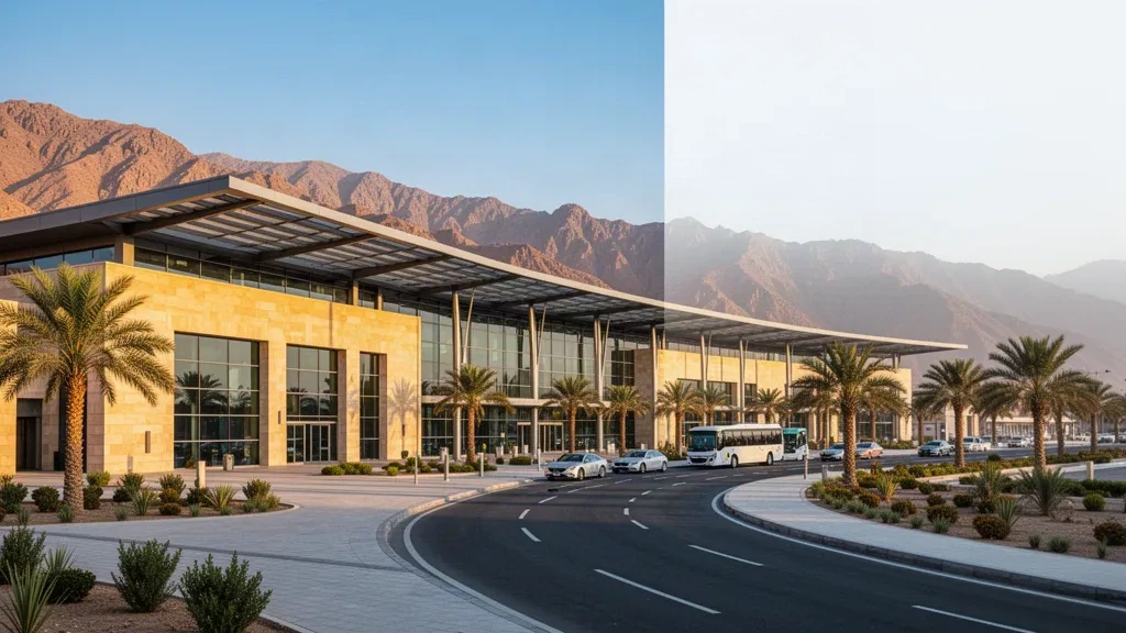 Exterior moderno de terminal de cristal y piedra en el Aeropuerto Internacional de Taif en Arabia Saudí, enmarcado por las crestas de las montañas Sarawat a la hora dorada