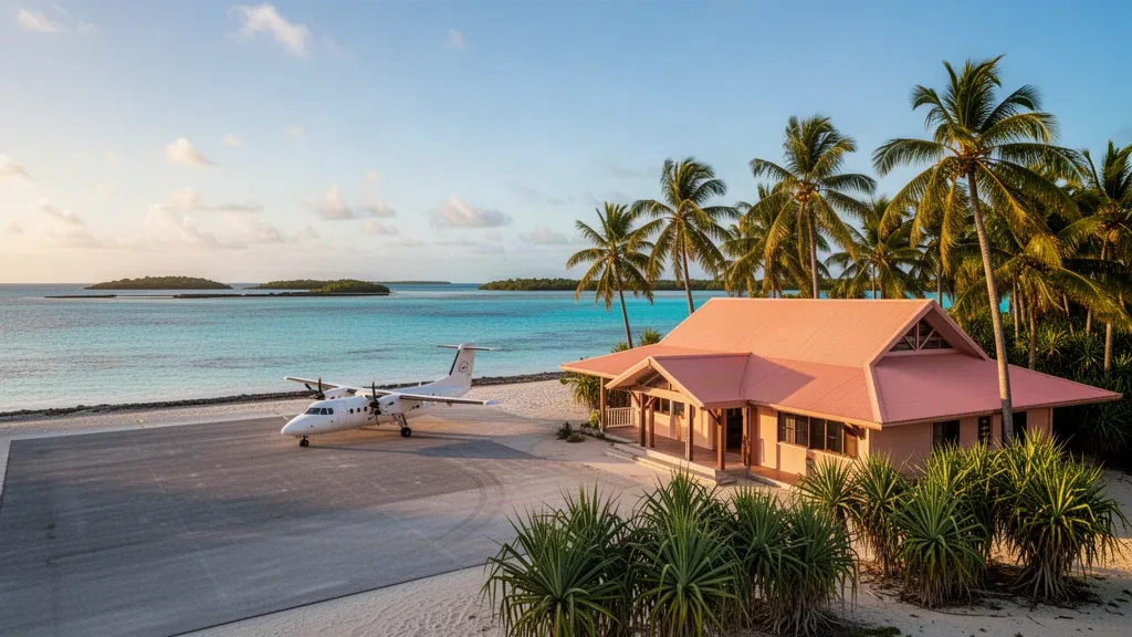 Kleines tropisches Terminal und palmengesäumter Vorfeldbereich am Flughafen Tikehau auf den Tuamotu-Inseln, Französisch-Polynesien, neben ruhigem türkisfarbenem Lagunenwasser.