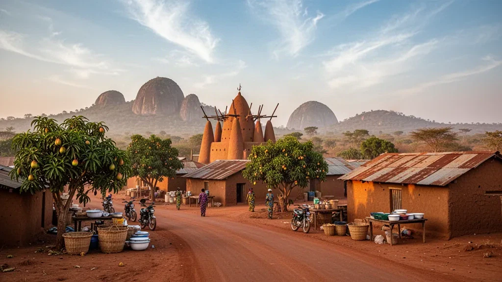 Golden-hour view over Odienné in Côte d'Ivoire's Denguélé District, with earthen buildings, mango trees and granite hills beyond.