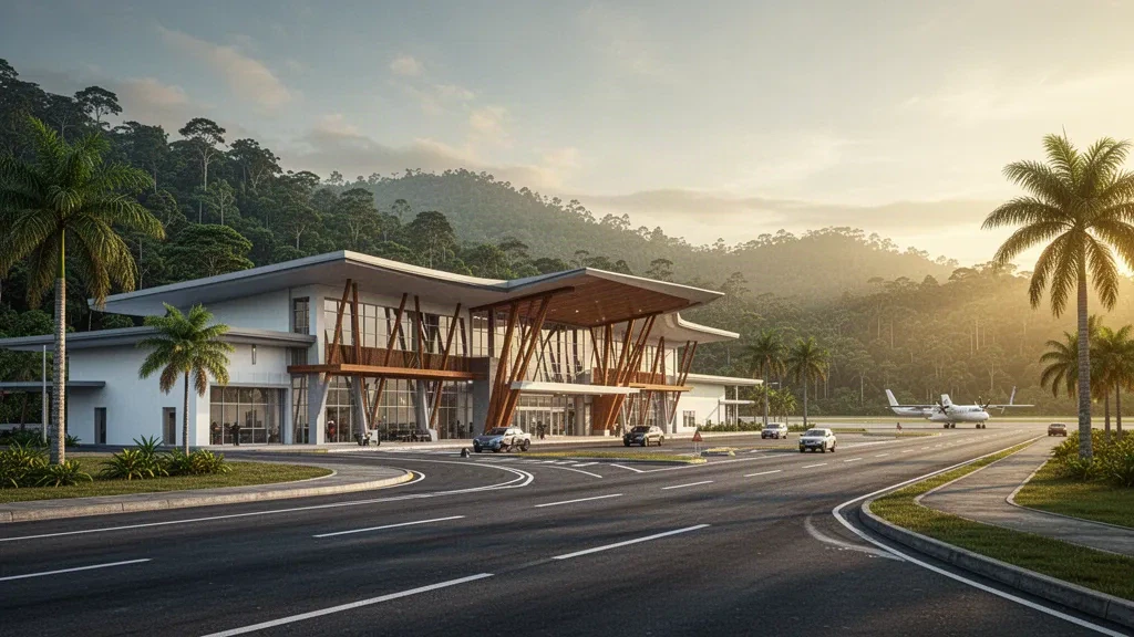 Modern terminal exterior at Mozes Kilangin Airport in Timika, Papua, with tropical light and open space for travel page content.