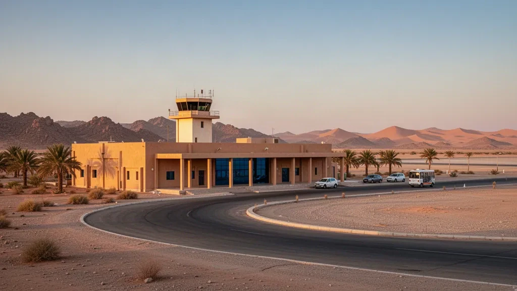 Terminal aeroportuale nel deserto all'ora d'oro vicino a Tindouf, Algeria, con piazzale pavimentato, strada d'accesso e cielo aperto del Sahara
