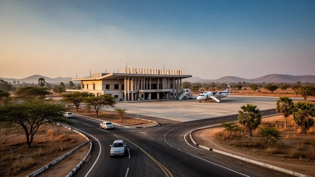 Flachbau des Terminalgebäudes und Betonvorfeld am Flughafen Tilin in der Trockenzone Myanmars während der goldenen Stunde, mit einem kleinen Turboprop-Flugzeug in der Nähe.