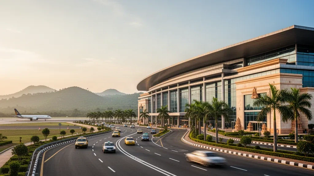 Moderne Terminalfassade aus Glas und Stein am internationalen Flughafen Tirupati in Andhra Pradesh, mit palmengesäumten Zufahrtsstraßen zur goldenen Stunde