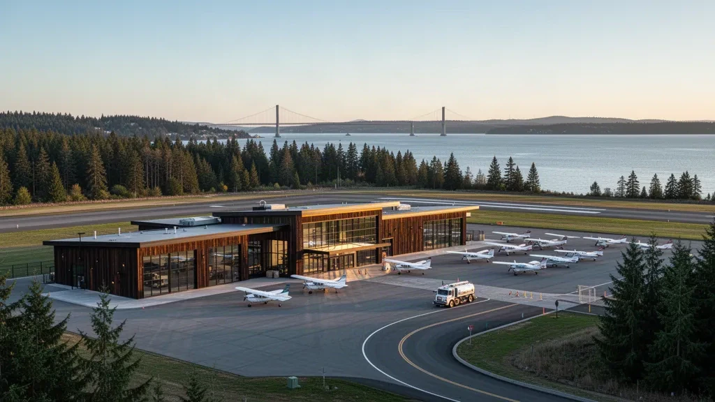 Kleinflugzeug neben dem modernen Glas-Terminal am Flughafen Tacoma Narrows in Gig Harbor, Washington, in weichem Licht der Pazifischen Nordwestküste.