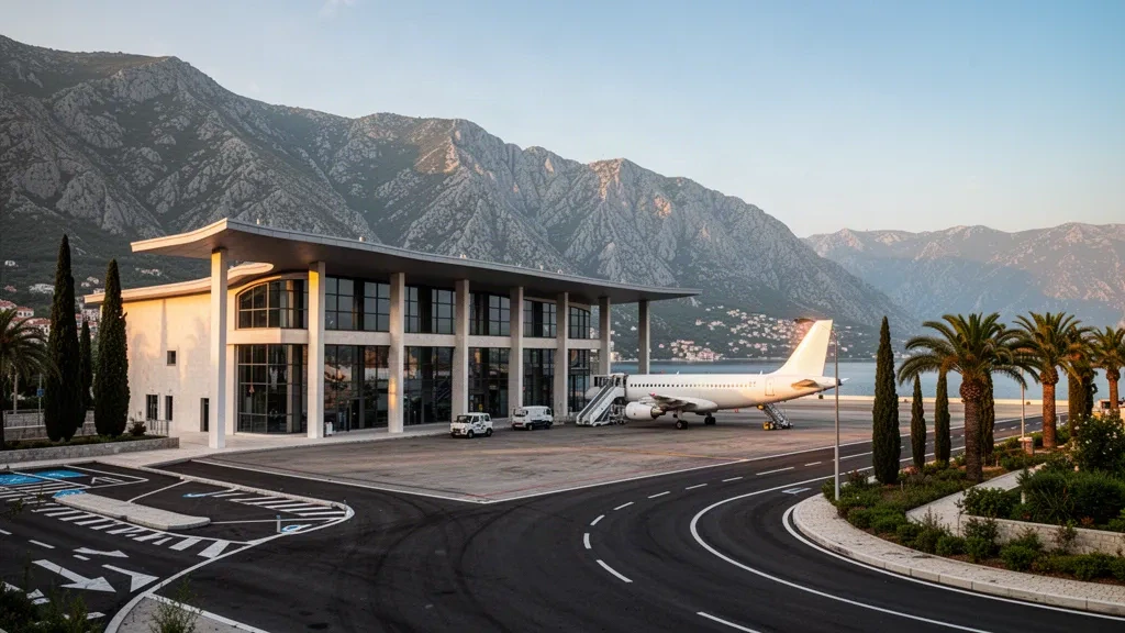 Terminal und Vorfeld des Flughafens Tivat in Montenegro mit einem Flugzeug und den Bergen der Adriaküste zur goldenen Stunde