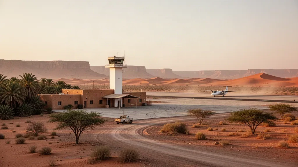 Terminal du désert, tarmac et tour de contrôle à l'aéroport de Tidjikja en Mauritanie sous un ciel saharien chaud à l'heure dorée