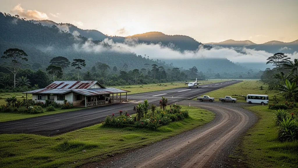 Small highland airport terminal, airstrip and mountain ridges in the misty Tari Valley of Papua New Guinea at sunrise