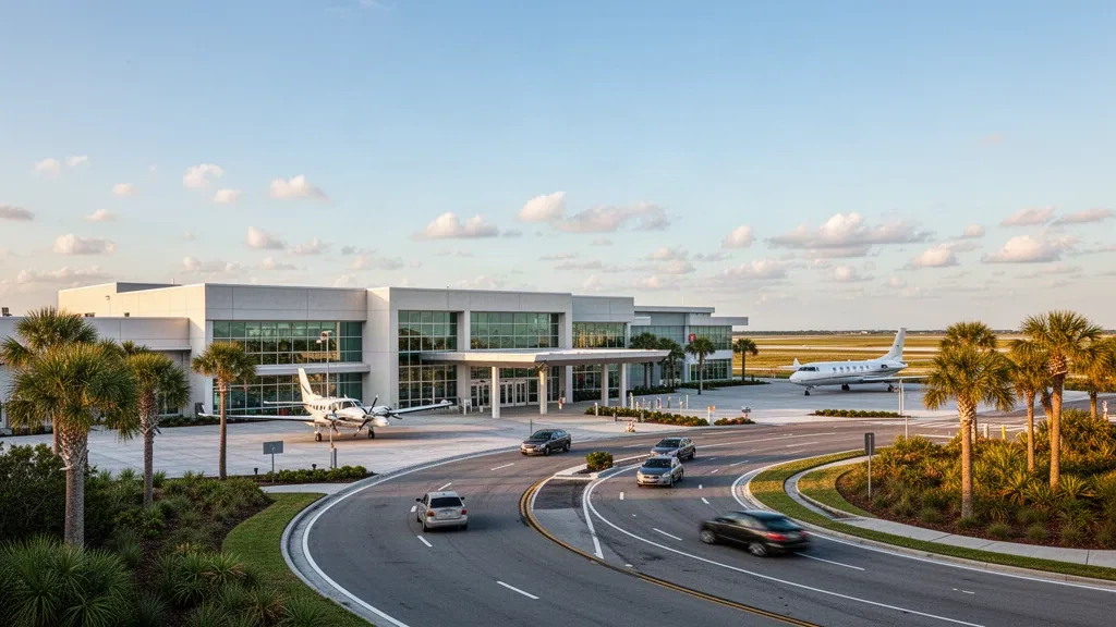 Exterior de una terminal moderna y carril de descenso en el Aeropuerto Regional de Space Coast, en Titusville, Florida, bajo un cielo costero despejado.