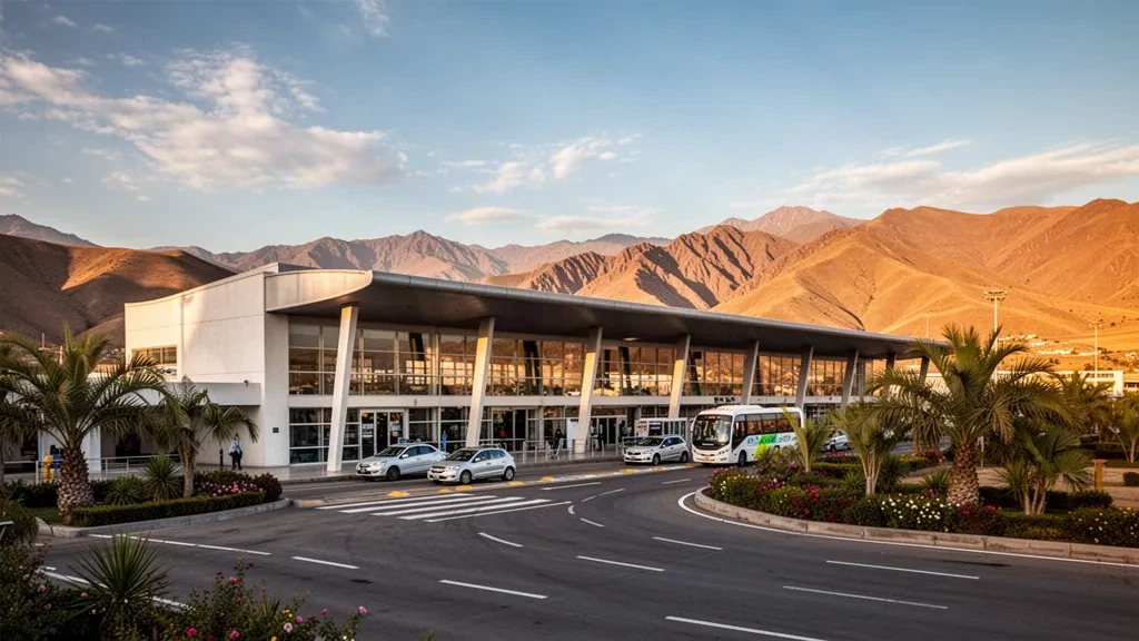 Terminalaußenansicht und Bringspur am Flughafen Capitán Oriel Lea Plaza in Tarija, Bolivien, mit den Andenausläufern zur goldenen Stunde