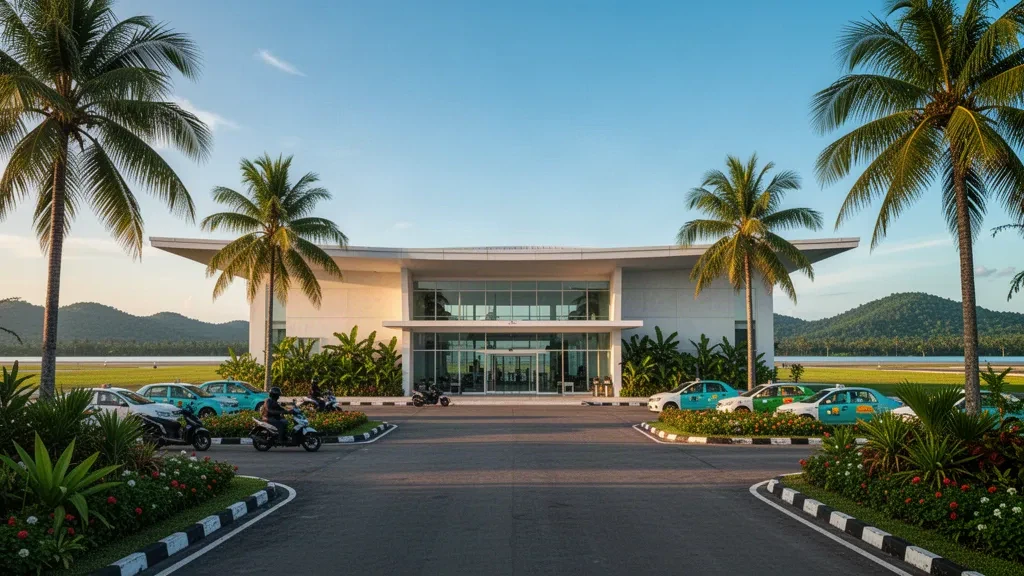 Esterno moderno del terminal a un solo piano dell'aeroporto Raja Haji Abdullah a Tanjung Balai Karimun, incorniciato da palme nella calda luce dell'ora d'oro.