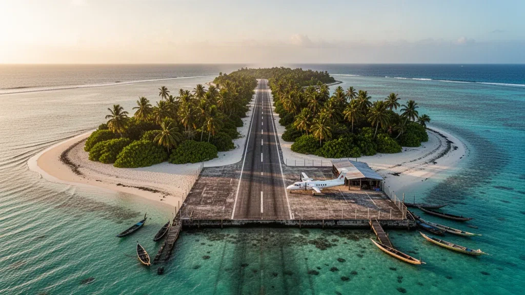 Piccola pista tropicale sull'isola di Ticantiquí a Guna Yala, Panama, con un piccolo aereo di linea accanto alle acque turchesi dei Caraibi