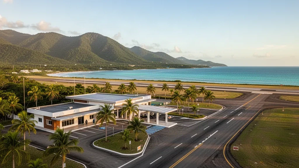 Tropical terminal exterior at Trujillo Airport in Honduras with palm trees, runway views, and Caribbean coastal mountains under soft daylight.