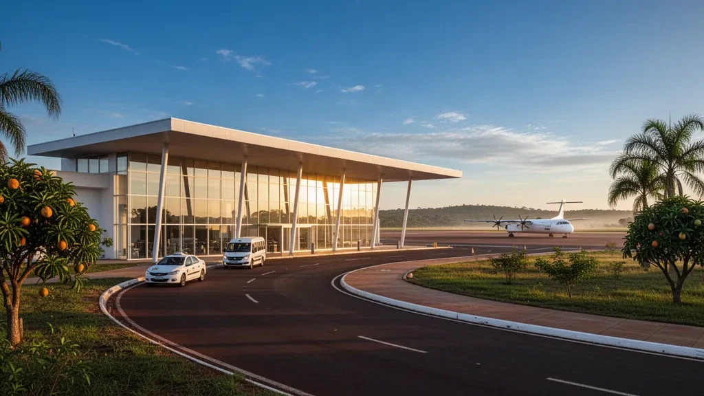 Terminal moderna de vidrio y carriles de descenso en el Aeropuerto Plínio Alarcom en Três Lagoas, Brasil, con luz cálida de final de la tarde.