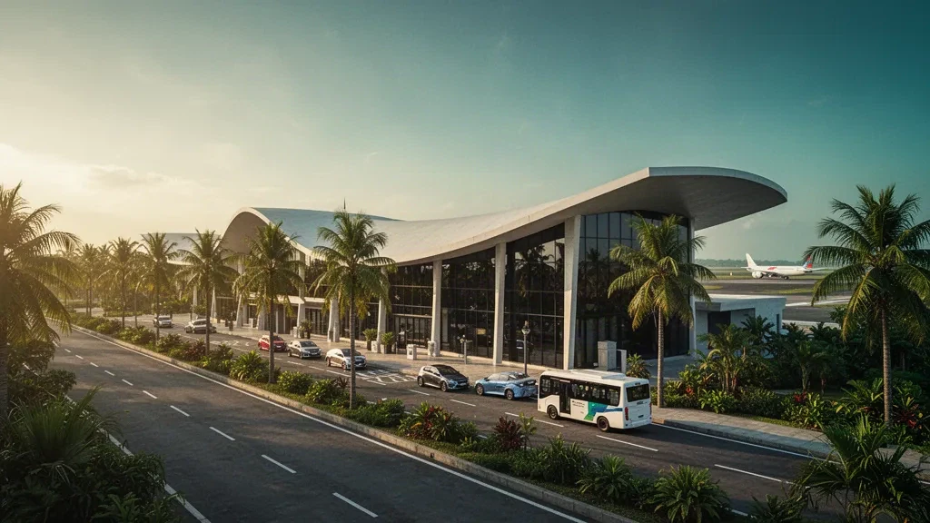 Esterno moderno e tropicale del terminal dell'Aeroporto Internazionale H.A.S. Hanandjoeddin a Belitung durante l'ora d'oro, con palme e strada d'accesso