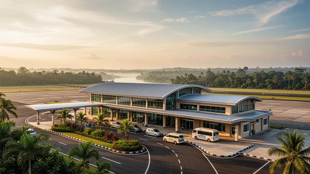 Modernes tropisches Terminal und Abholspur am Flughafen Tanjung Harapan nahe Tanjung Selor, Nordkalimantan, in warmem Licht zur goldenen Stunde