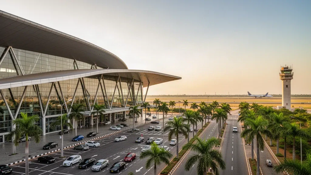 Edificio terminal moderno de cristal en la base aérea de Thanjavur con una pista, palmeras y una zona de descenso bajo la luz de la hora dorada.