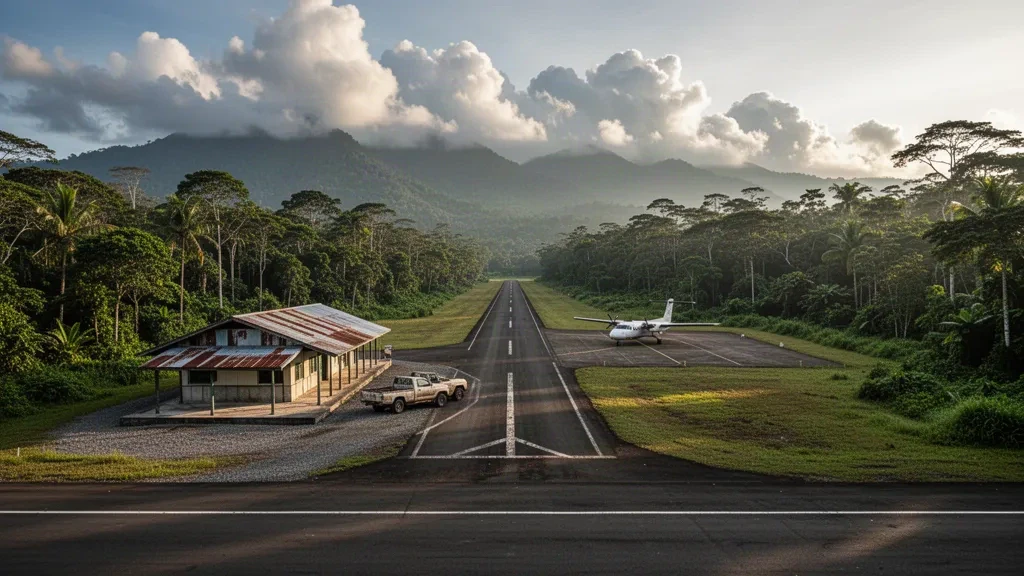 Remote tropical airstrip and small terminal at Tekadu Airport in Papua New Guinea, framed by rainforest ridges at golden hour