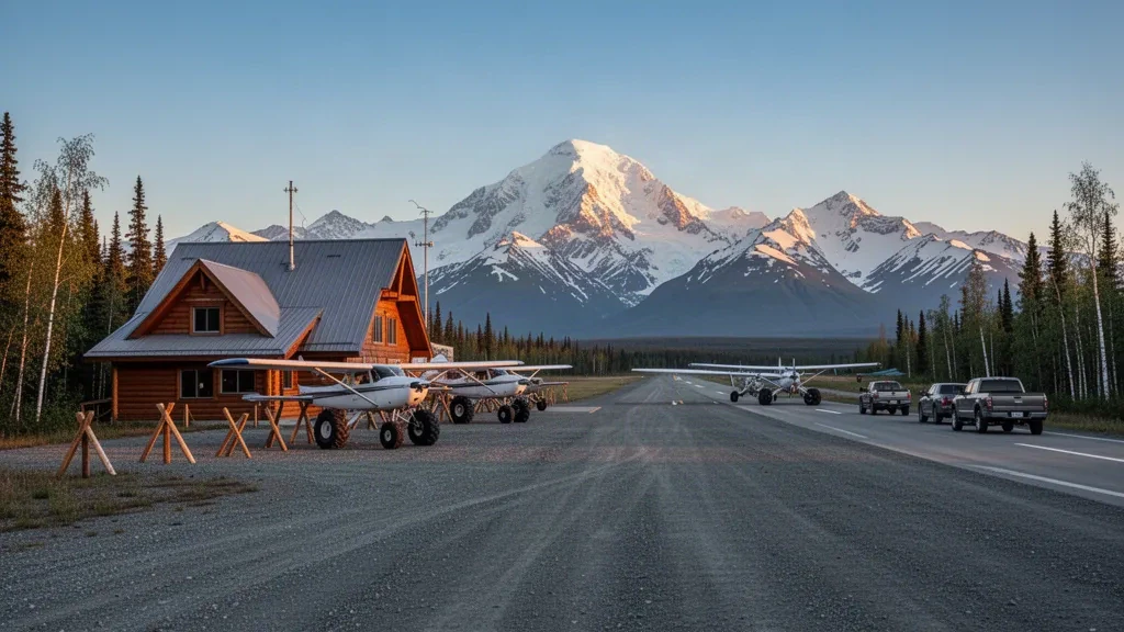 Piccoli aerei da bush parcheggiati sulla pista in ghiaia dell'aeroporto di Talkeetna in Alaska, con montagne innevate sullo sfondo.
